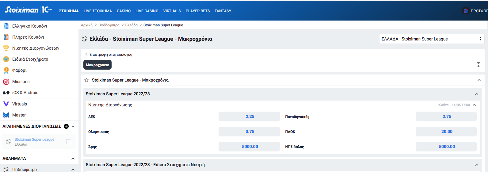 Οι αποδόσεις…  για την κατάκτηση της Stoiximan Super League !!!